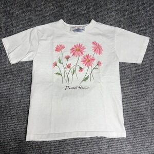 Vintage 90s Painted Daisies Youth T Shirt White‎ Cotton Short Sleeve Kids M
